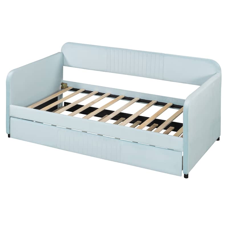Light Blue Velvet Upholstered Twin Daybed with Trundle and Wood Slats