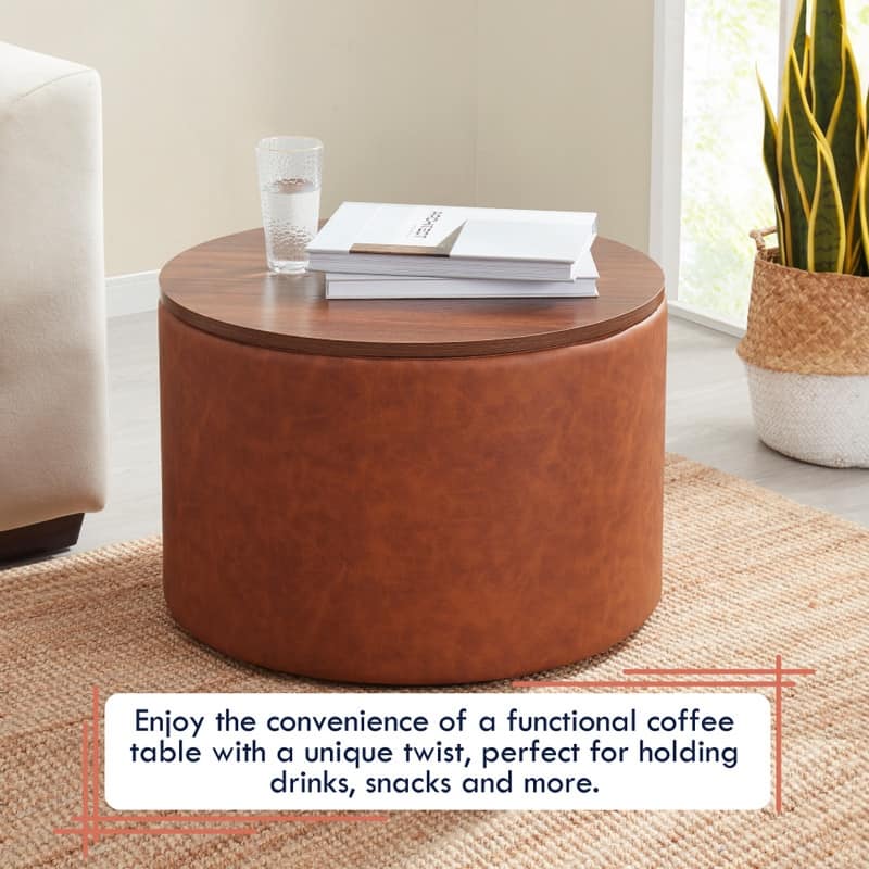 Parker Large Round Storage Coffee Table Ottoman with Wooden Lift Off Lid