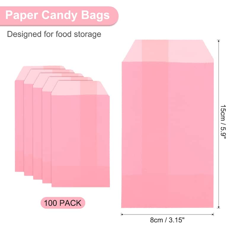 100Pcs Kraft Paper Treat Bags, 6" x 3" Candy Flat Favor Bags - Pink