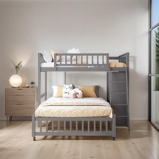 Wooden Twin Over Full Bunk Bed With 6 Drawers And Shelves, Grey