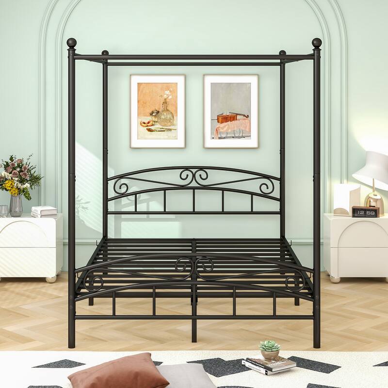 Queen Size Metal Canopy Bed Frame with Headboard and Footboard Black