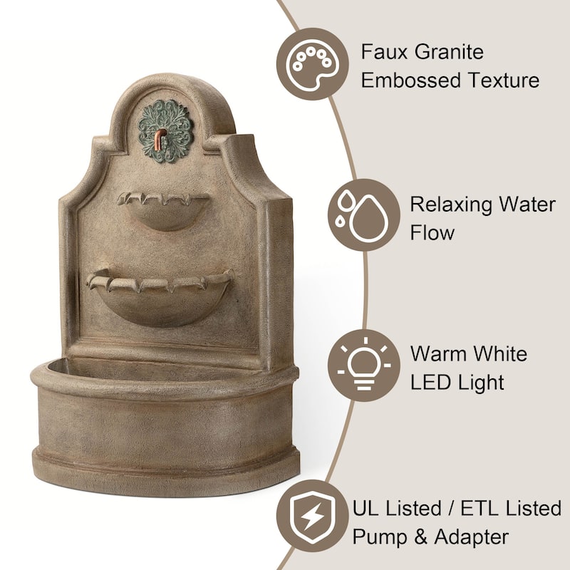 Glitzhome 37.25"H Oversized 3-Tier Single Spout European Style Polyresin Wall Fountain with LED Lights