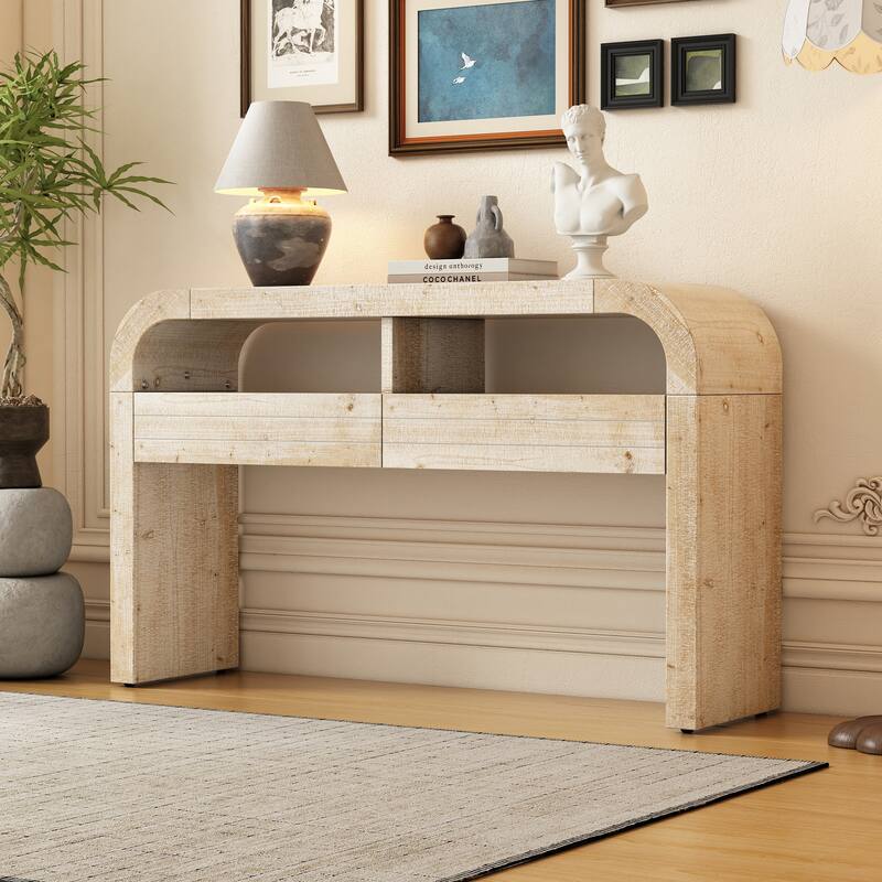 52 Inch Retro Style Console Table with Large Drawers - Natural