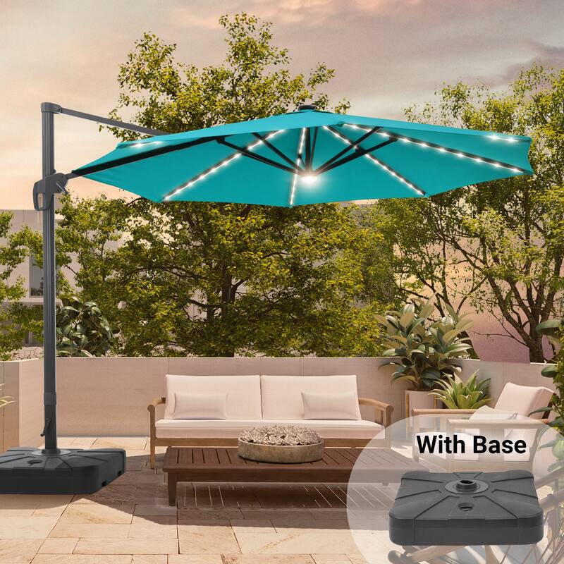 11FT Solar LED Patio Cantilever Umbrella With Resin Base by Bonosuki - Lake Blue