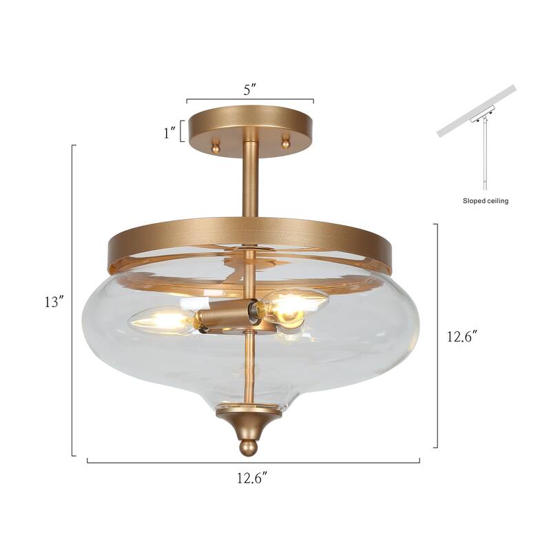 Modern Semi-Flush Mount Teardrop Glass 3-light Brass Metal Light Fixture - Brass Gold - D12.6" x H 13"