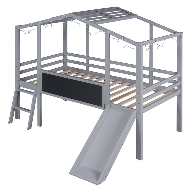 Twin Size Loft Bed with Ladder and Slid, House Bed Frame with Blackboard and Light Strip, Space-Saving Bed No Box Spring Needed