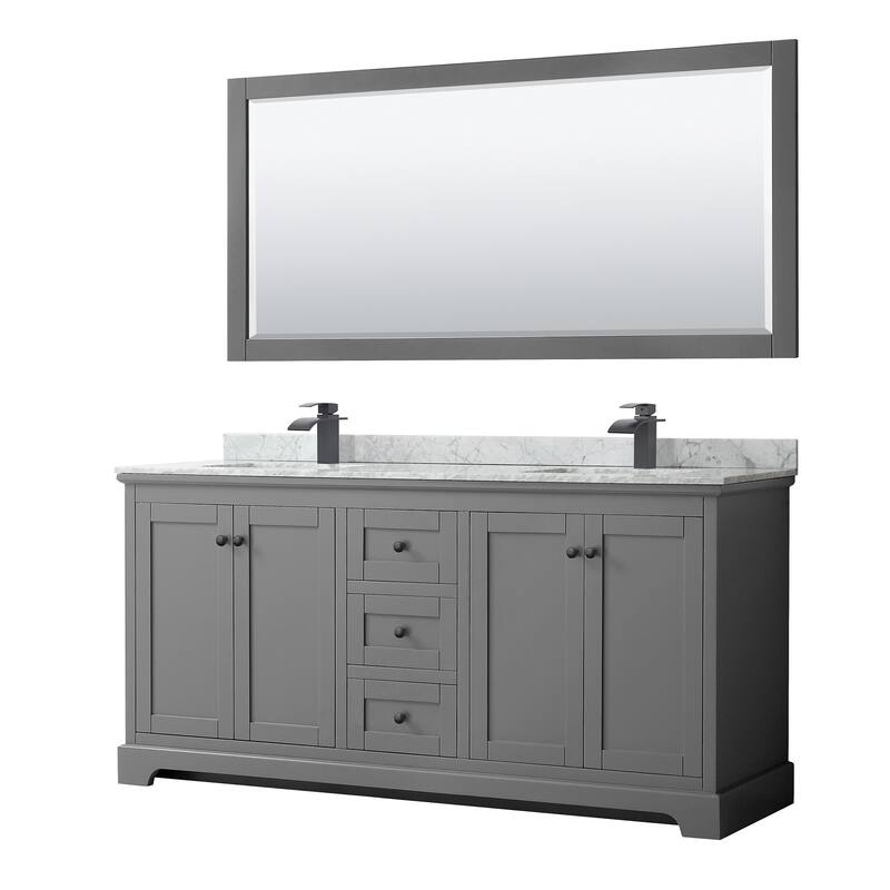 Avery 72-inch Double Vanity, Marble Top, Square Sinks, 70-inch Mirror - Dark Gray, Black Trim, White Carrara Marble Top