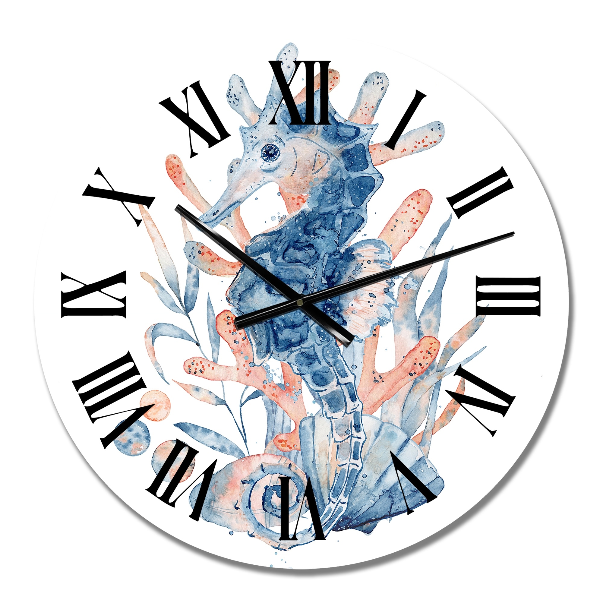 Designart 'Seahorse In Blue With Floral Composition' Nautical & Coastal wall clock