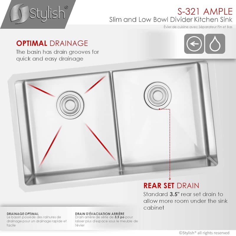 STYLISH 32 inch L x 18 inch W Stainless Steel Double Basin Low Divider Undermount Kitchen Sink with Grids and Strainers