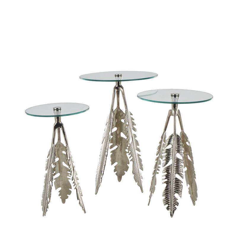 Aluminum Metal Leaf Accent Table with Tripod Legs and Tempered Glass Top - Set of 3 Silver or Gold - Roche River Decor