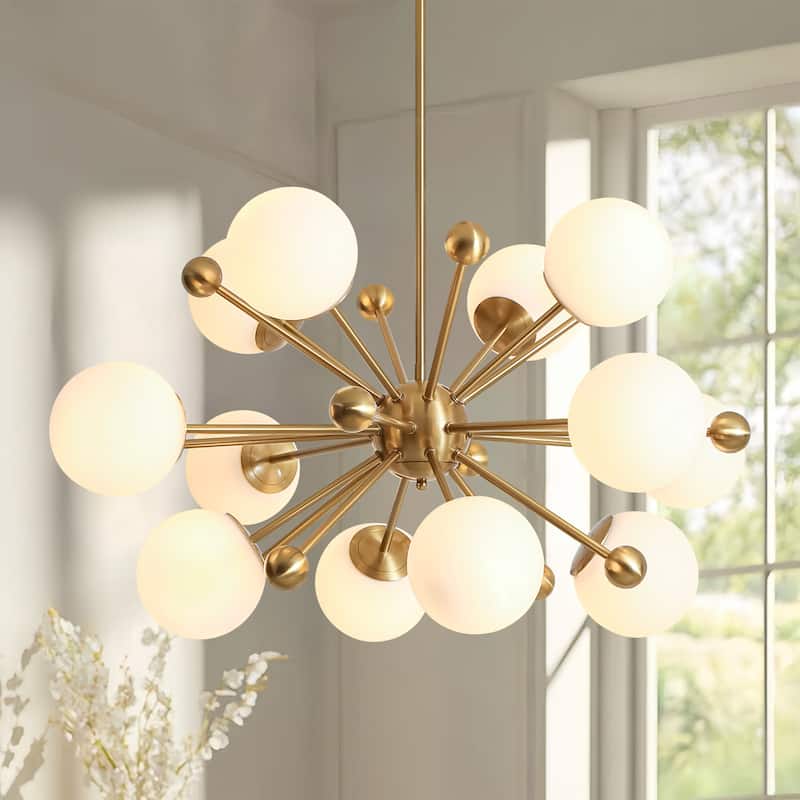 12-Light Modern Sputnik Brass Chandelier with Frosted Glass Globes for Living Room, Dining Room - 12 Light