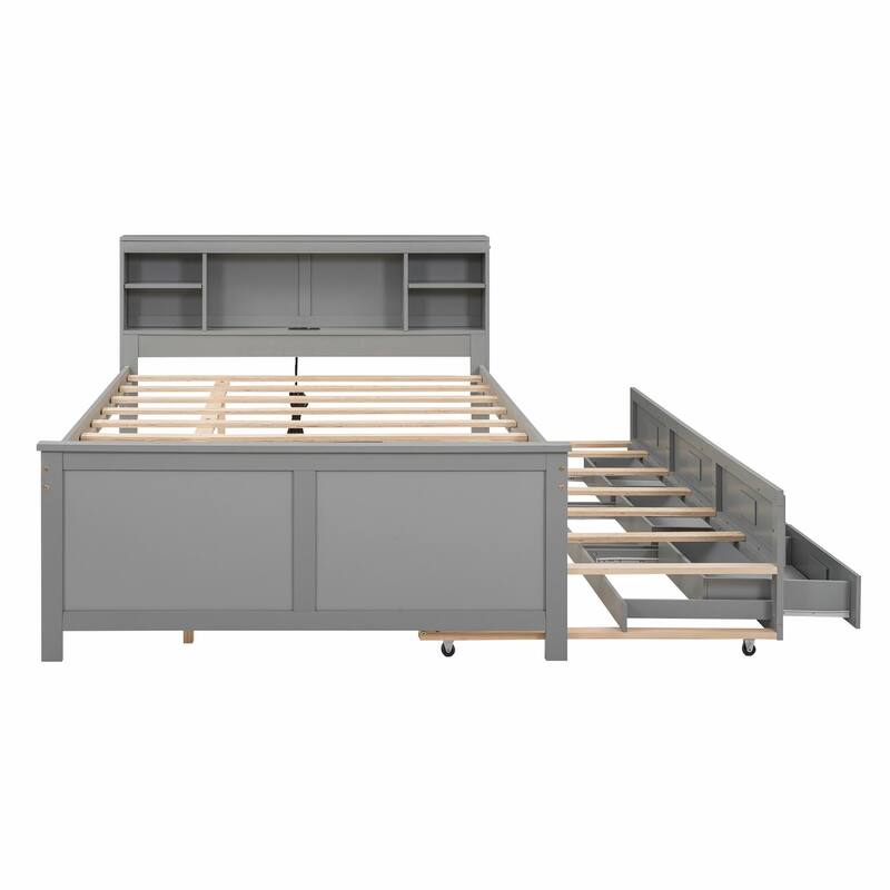 Platform Bed with Storage Headboard, USB Charging Ports, Twin Trundle, 3 Drawers