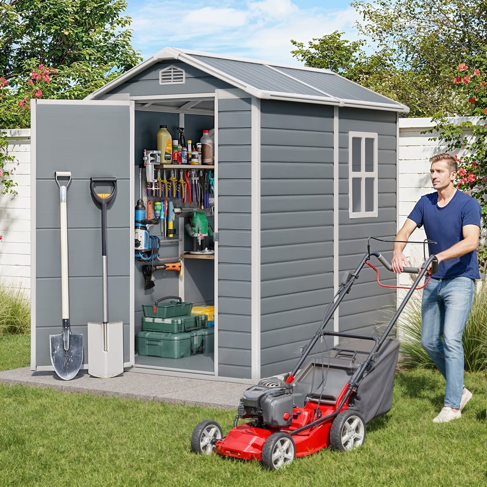 5x3 / 6x4 / 8x6 FT Outdoor Storage Shed with Floor, Resin Garden Tool Shed with Lockable Doors, Waterproof Plastic Storage Sheds
