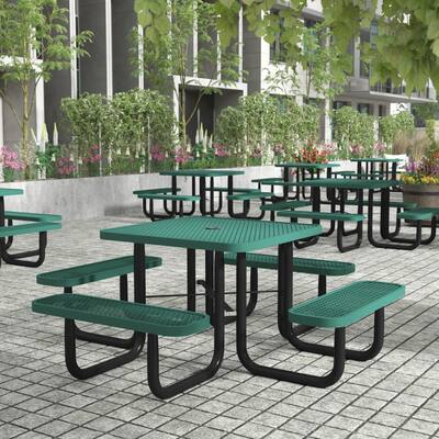 Commercial Grade Expanded Mesh Metal Outdoor Picnic Table with Anchors - 79.75"D x 79.75"W x 28.75"H