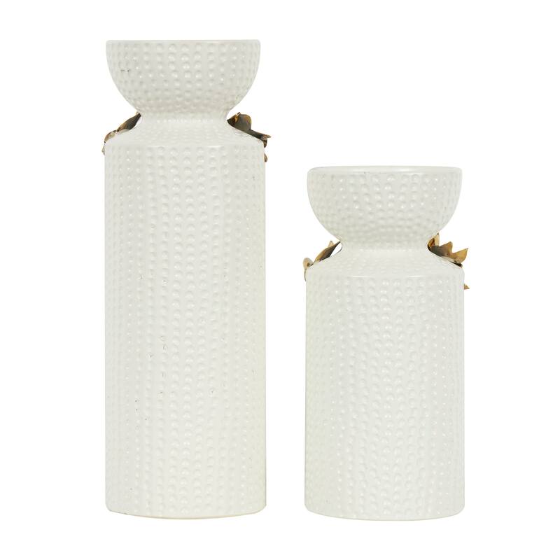 White Ceramic Candle Holder with Abstract Spotted Pattern and Gold Leaf Accents (Set of 2)