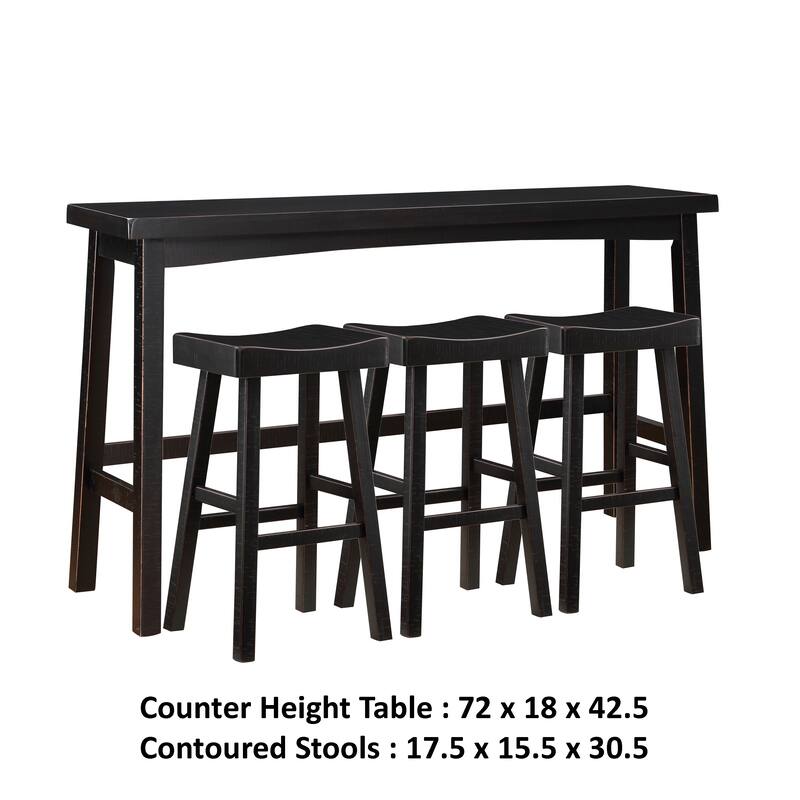 Casy 4pc Bar Height Table Set, 3 Contoured Stools, Black Rubberwood