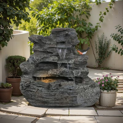 4-Tiered Concrete Rock Waterfall Fountain,20.8"H-Garden Decor with LED Lights,Weather-Resistant,Soothing Water Sound Ambiance