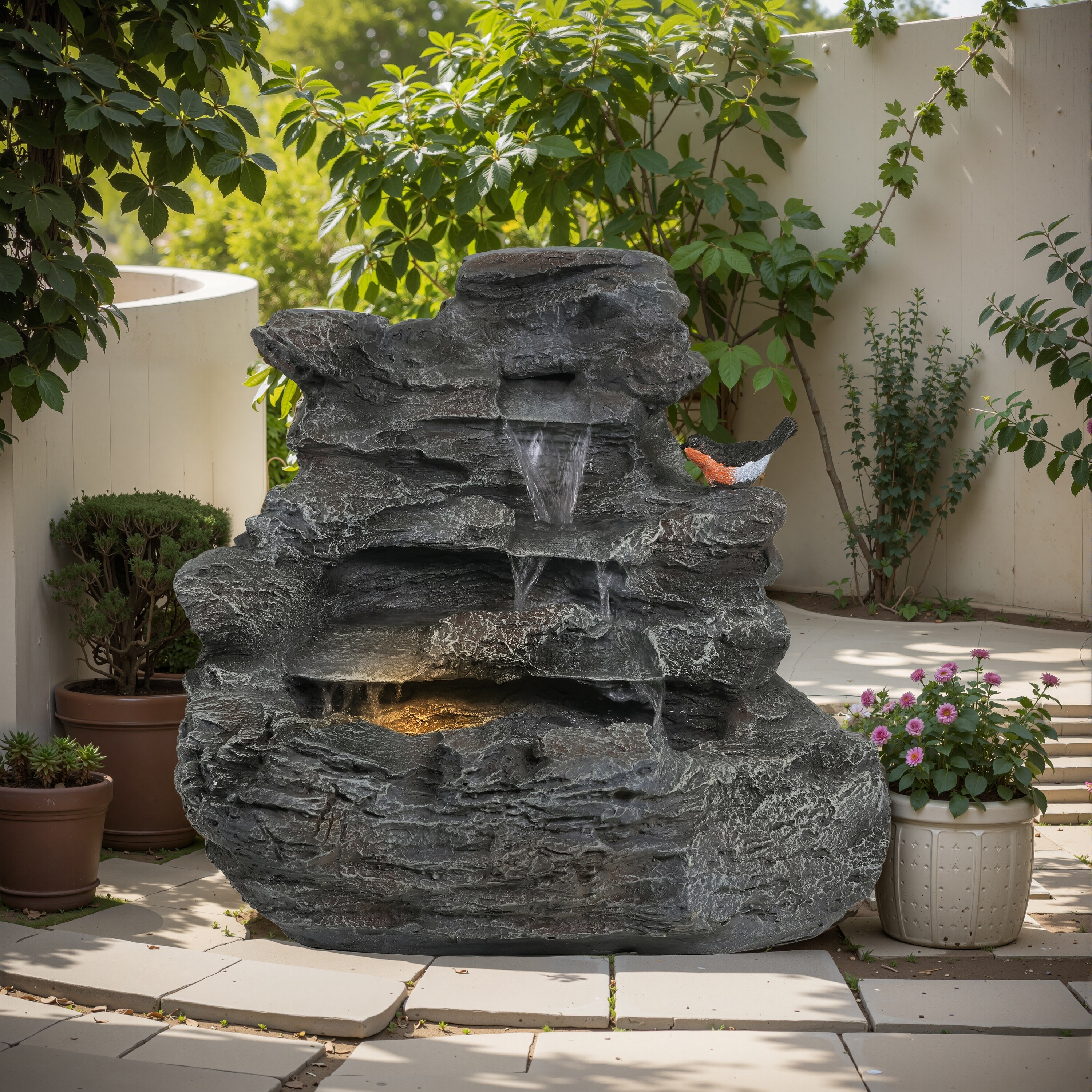 4-Tiered Concrete Rock Waterfall Fountain,20.8"H-Garden Decor with LED Lights,Weather-Resistant,Soothing Water Sound Ambiance