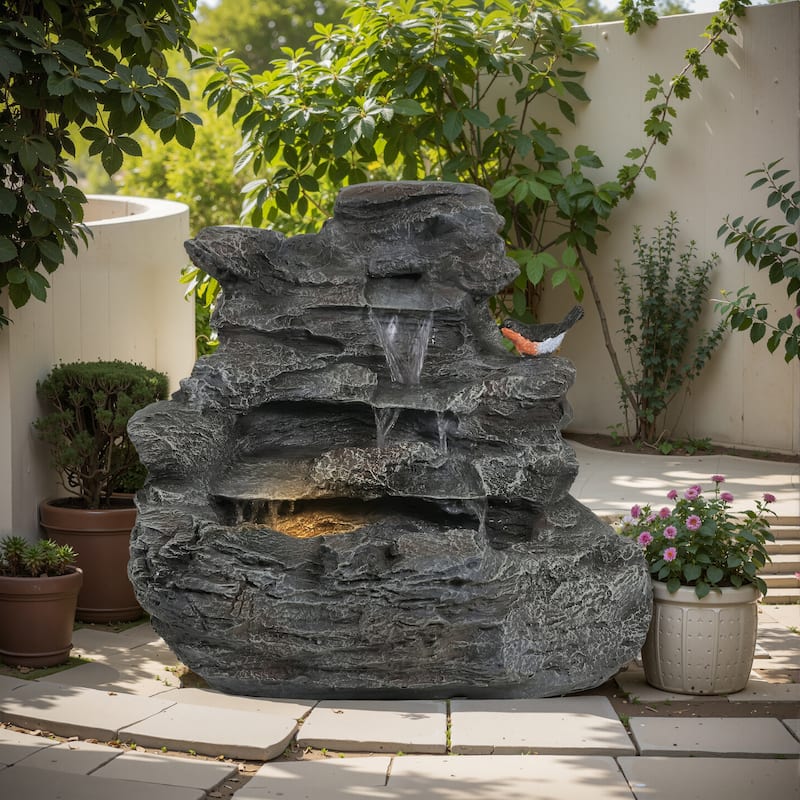 Christopher Knight Home - Hailey 4-Tiered Concrete Rock Waterfall Fountain Outdoor Garden Decor with LED Lights - Grey