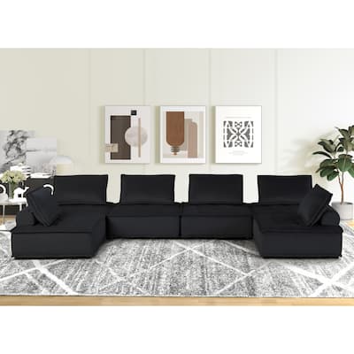 160" Black Velvet 6-Seater U-Shape Sofa