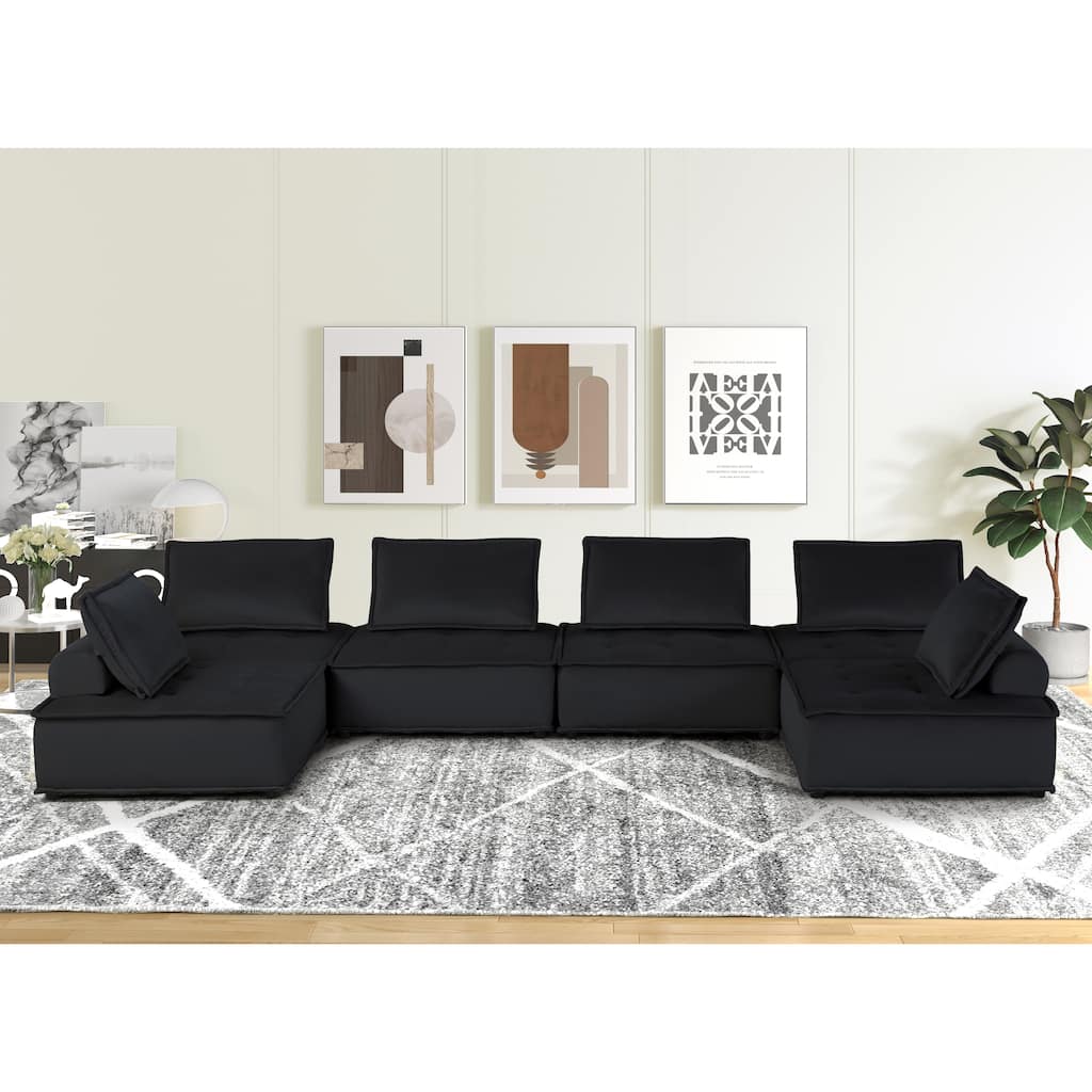 160" Black Velvet 6-Seater U-Shape Sofa