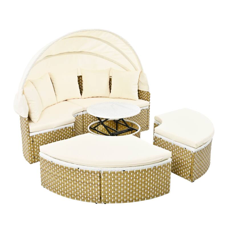 4-Pieces Outdoor Patio Rattan Round Daybed Sunbed with Retractable Canopy and Table