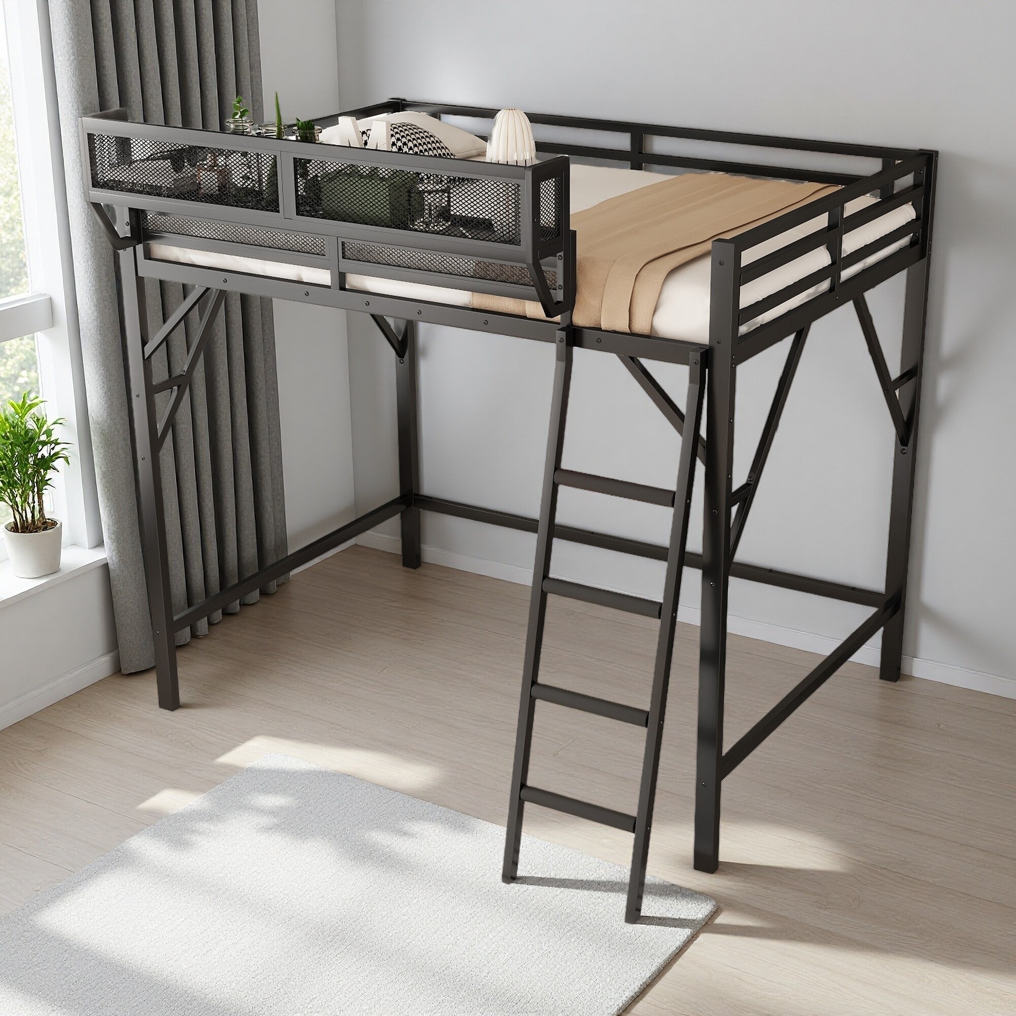 Queen Size Metal Loft Bed with Ladder, Storage Shelves and Noise-Free Slats
