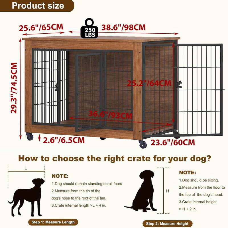 38.6" Dog Crate Furniture with Wheels for Small Dogs, Heavy Duty Dog Kennel Indoor with 2 Doors, Wooden Pet Cage End Table