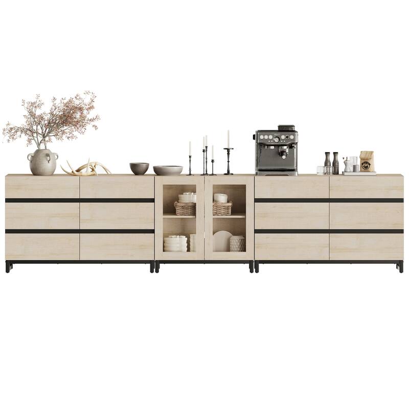 WAMPAT Modern Sideboard with Adjustable Shelves and Drawer, 3 in 1 Storage Cabinet with Glass Doors for Living Room, Kitchen