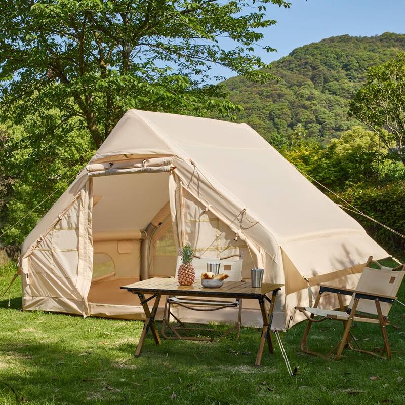 Erommy Inflatable Camping Tent, Glamping Tents 4 Season Waterproof Windproof Cotton Tent with Stove Jack & Mesh Windows & Pump - 7' x 10' - Oxford