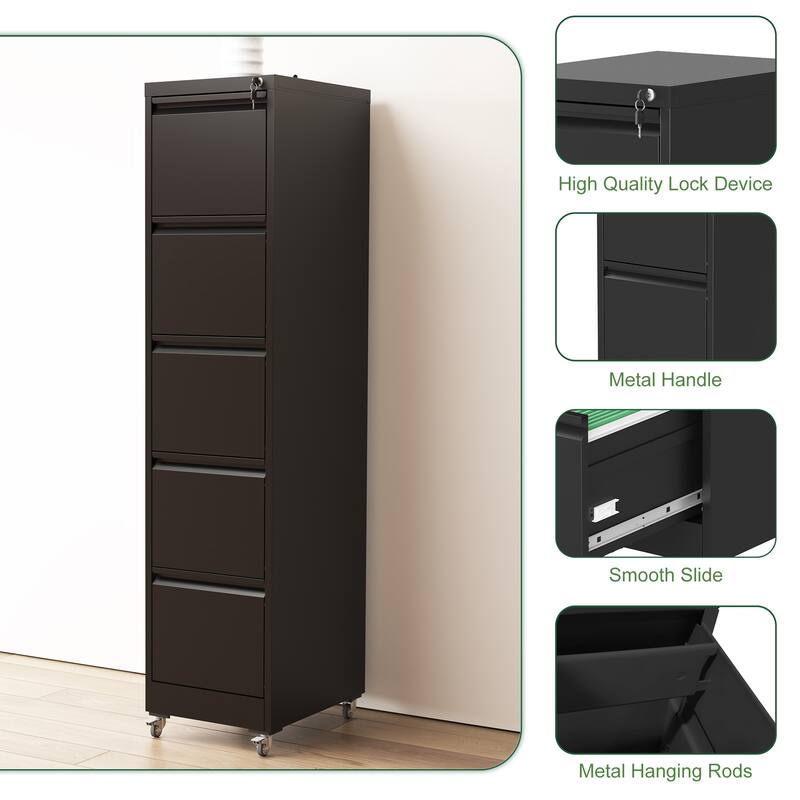 5 Drawer Metal Vertical File Cabinet with Lock on Wheels,Heavy Duty Metal Storage Cabinet for A4/Letter/Legal Size Files