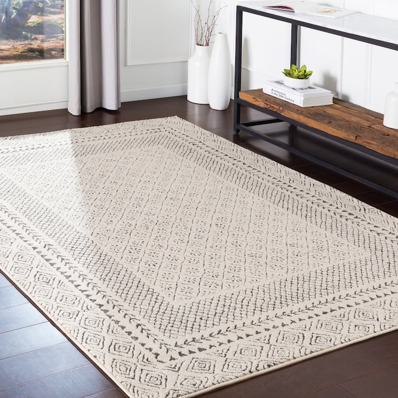 Livabliss Tiffany Grey Bohemian Border Area Rug - 7'10" x 10'3" - Medium Grey