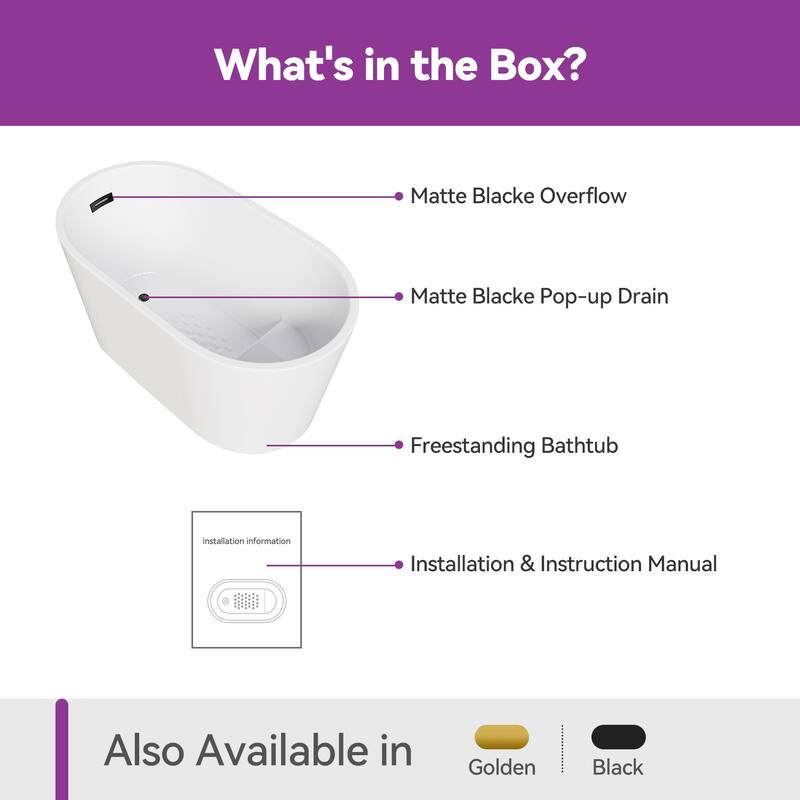 HOROW 47 x 26.8 Inch Soaking Bathtub with Side Drain White with Matte Black Trim