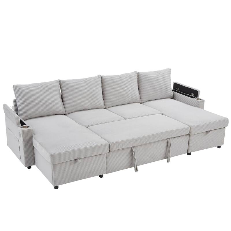 Roomfitters Convertible Sofa Bed 109.5" U-Shaped Sectional Upholstered Sofa with Storage Chaise, Cup Holders and USB Ports