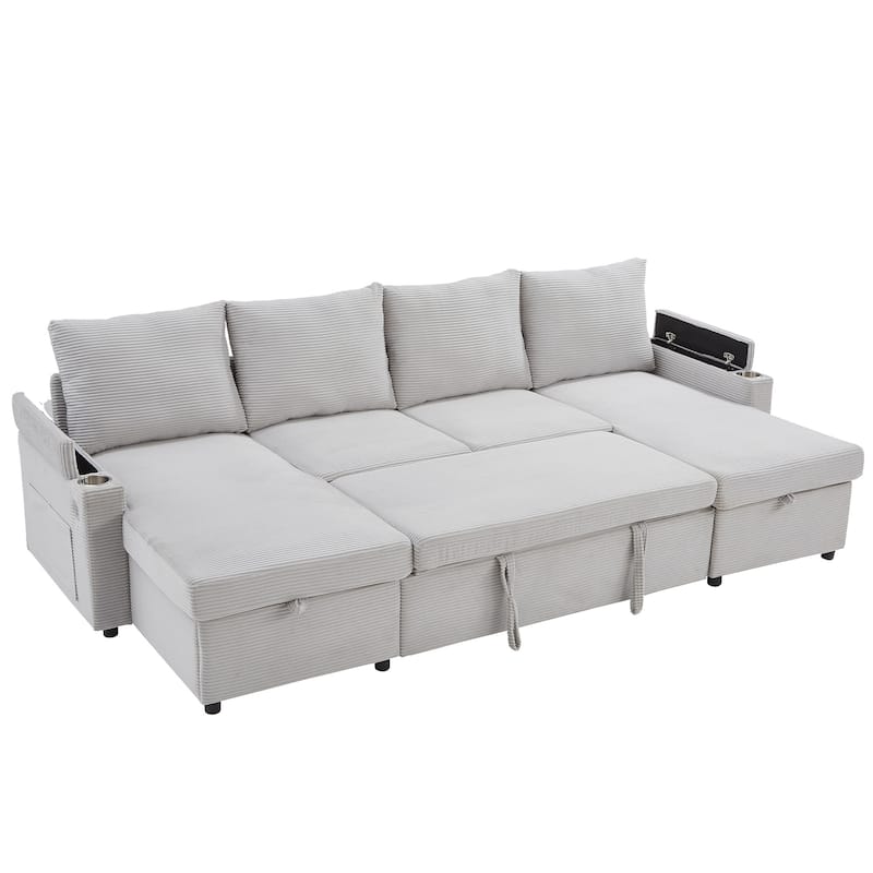 U-Shaped Sectional Sofa Convertible Sleeper Sofa with Dual Storage Chaise Lounges, Cup Holders, USB, Storage Boxes and Pockets
