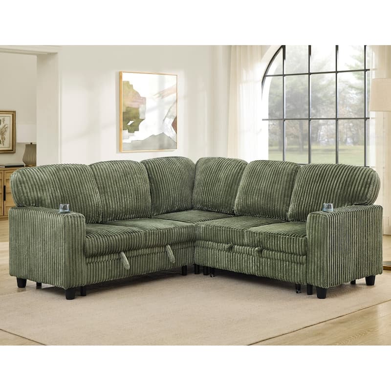 81" L-Shaped Corduroy Sectional Sofa with Pull-Out Bed - Olive Green