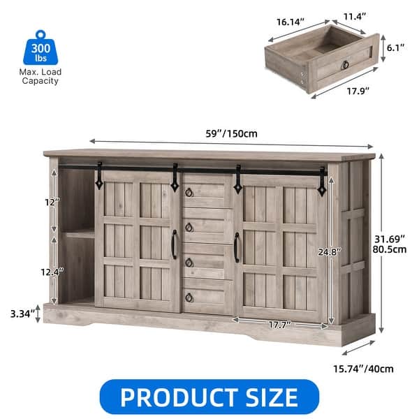 dimension image slide 0 of 3, Farmhouse Sideboard Buffet Cabinet with Storage-Sliding Barn Doors and 4 Drawers