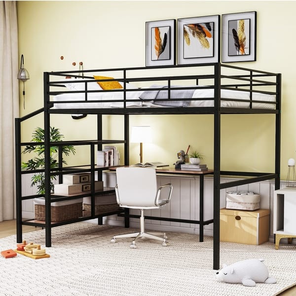 slide 2 of 22, Roomfitters Full Size Metal Loft Bed with Desk, Lateral Storage Ladder, and Space-Saving Design for Kids, Black Black