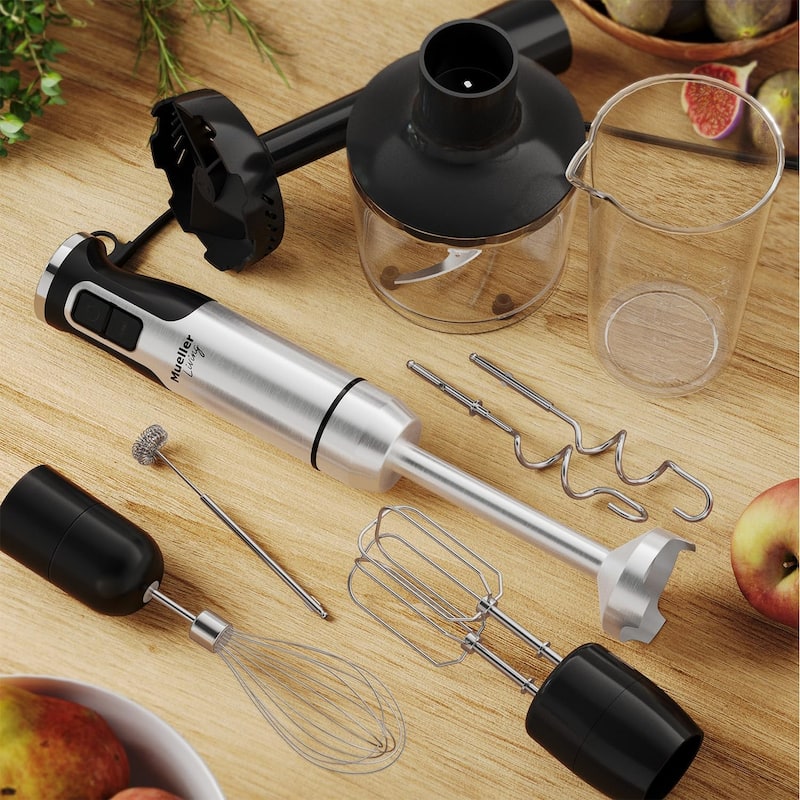 MuellerLiving Immersion Hand Blender Full Set - 8 Speed, with 7 Attachments: Blade, Whisk, Frother, Beater, Hooks, Masher, Bowl