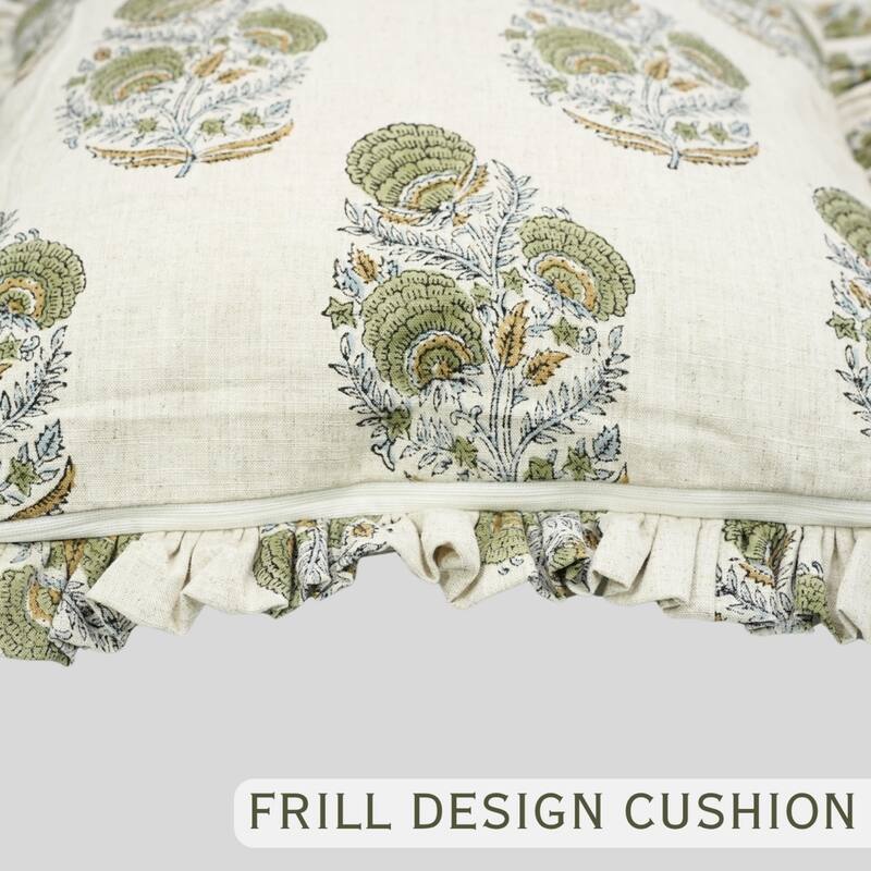 Fabdivine Viscose Linen Floral Frill Pillow Cover Both Side Print Hand Block Cushion