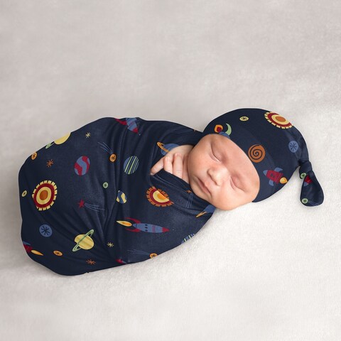 Space Galaxy Collection Boy Baby Cocoon and Beanie Hat Sleep Sack - 2pc Set - Navy Blue Planets Star and Moon Rocket Ship