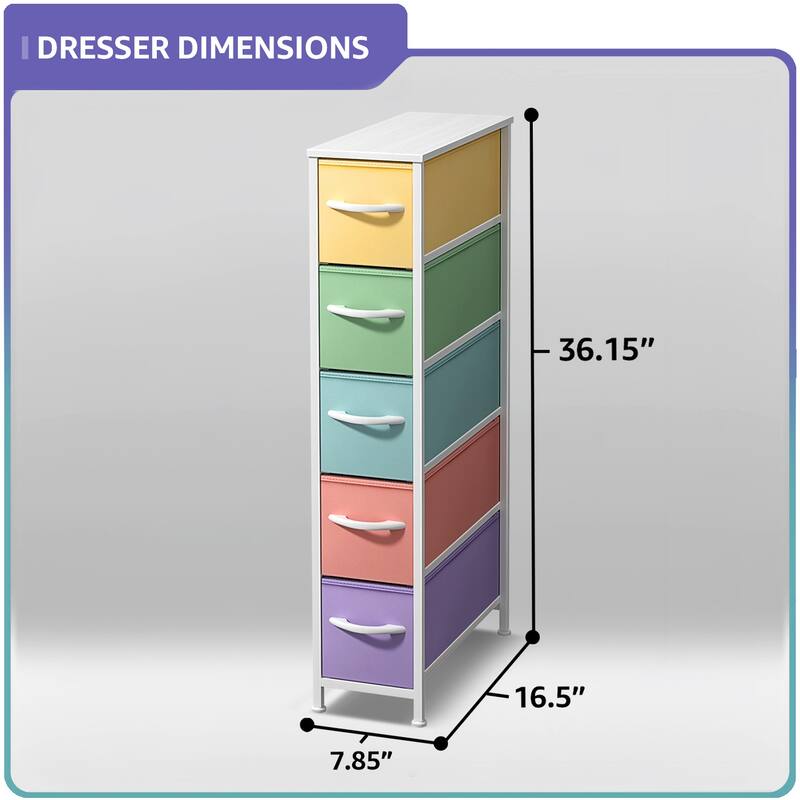 Sorbus Narrow Dresser with 5 Drawers - Vertical Slim Storage Chest of Drawers with Steel Frame, Wood Top & Easy Pull Fabric Bins