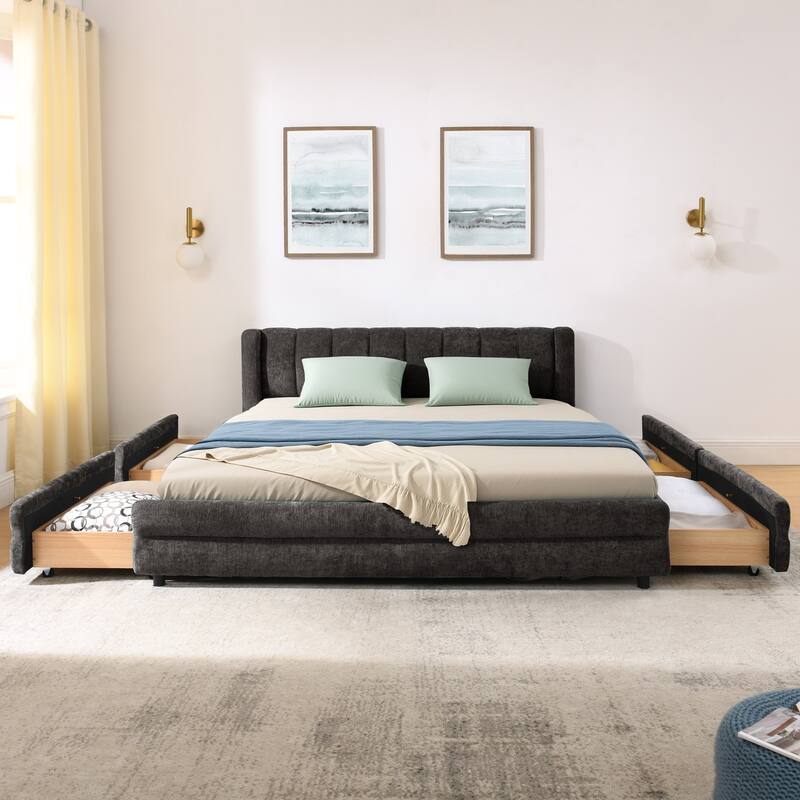 Queen Upholstered Bed Frame with Storage Drawer, Thick Padded Headboard & Solid Frame in Chenille Fabric