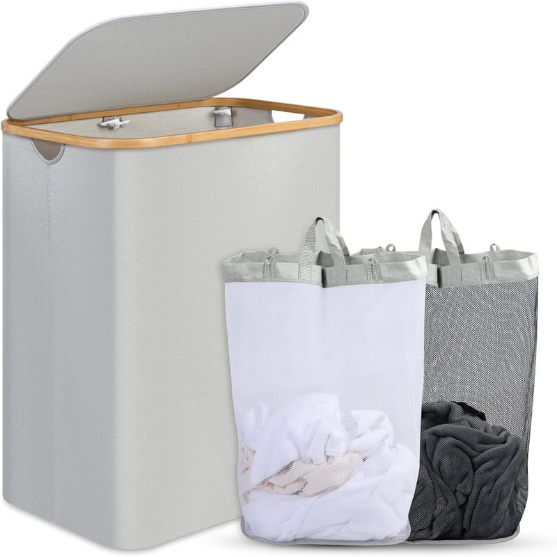 Double Laundry Hamper with Lid - 22.4"L x 14.6"W x 29.1"H - Light Grey 2
