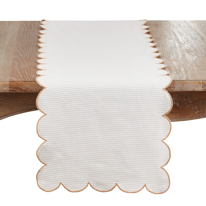 Cotton Striped Scalloped Table Runner - Everyday Woven Table Runner for Dining & Console Tables, 16"x72" - 16"x72" - Natural