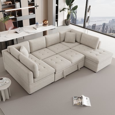 117" U-Shaped Oversized 6-Seat Sectional Sofa with Chaise, Pull-Out Bed, and 2 Detachable Throw Cushions