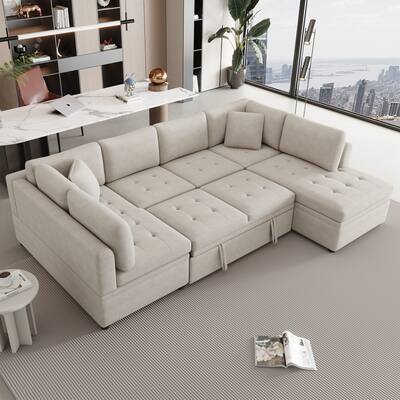 117" U-Shaped Oversized 6-Seater Sectional Sofa with Chaise, Pull-Out Bed, and 2 Detachable Throw Cushions for Comfort