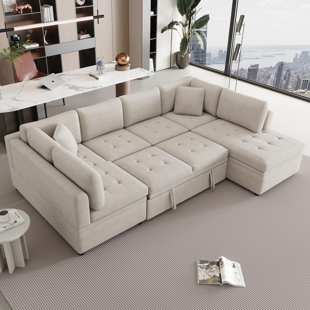 Beige 117" U-Shaped Oversized 6-Seat Sectional Sofa with Chaise, Pull-Out Bed, and 2 Detachable Throw Cushions