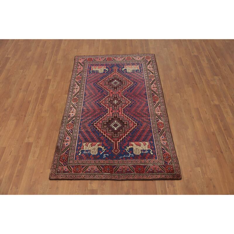 Hand Knotted Oriental 100% Wool Carpet Traditional Tribal Navy Blue & Blues Hamedan Area Rug - 6' 5'' X 3' 9''
