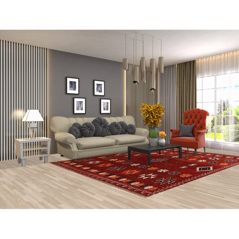 Hand Knotted Oriental 100% Wool Carpet Modern Tribal Red Moroccan Area Rug - 9' 9'' X 6' 9''